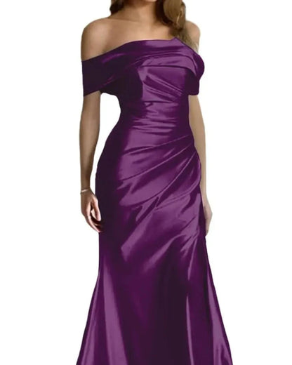 Purple off-shoulder satin mermaid formal dress with draped bodice and long fitted skirt