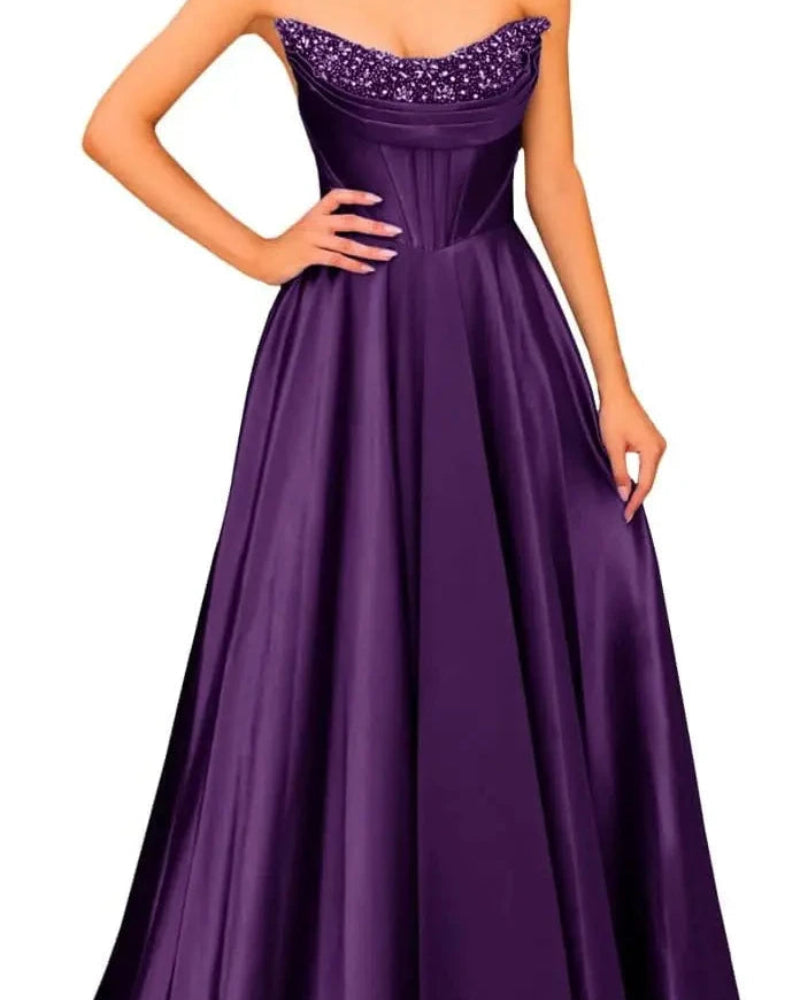 Purple strapless beaded satin A-line evening gown with glittery neckline trim