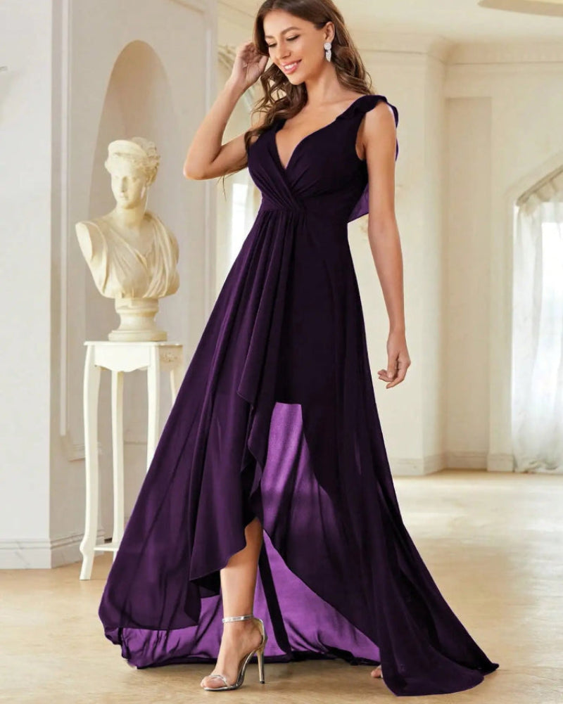 Dark purple A-line high-low chiffon dress with V-neck and gathered waist, sleeveless
