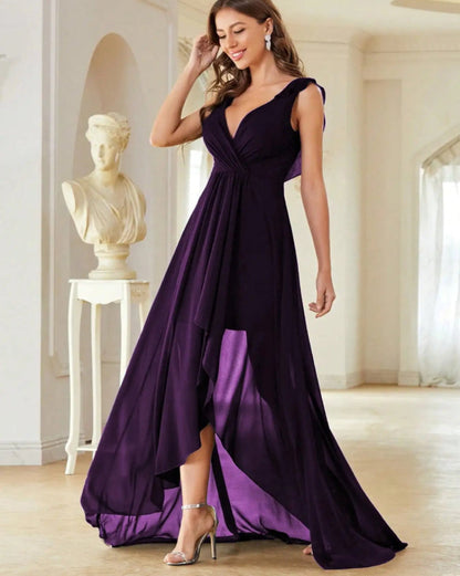 Dark purple A-line high-low chiffon dress with V-neck and gathered waist, sleeveless