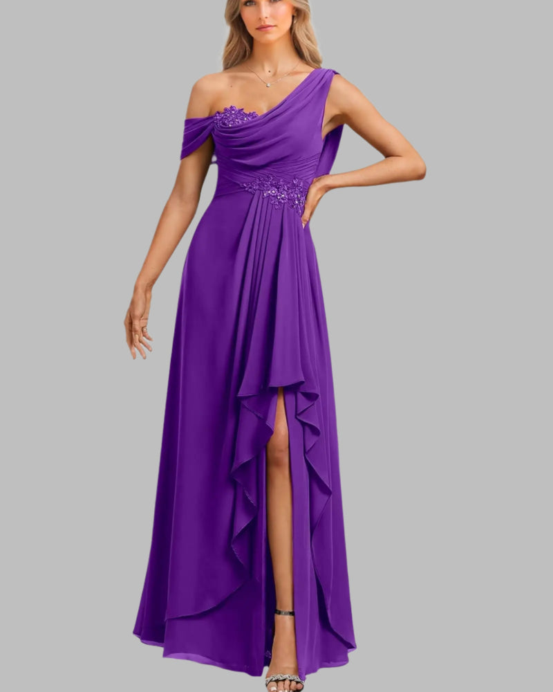 Purple one-shoulder chiffon A-line dress with embellished bodice and draped skirt overlay