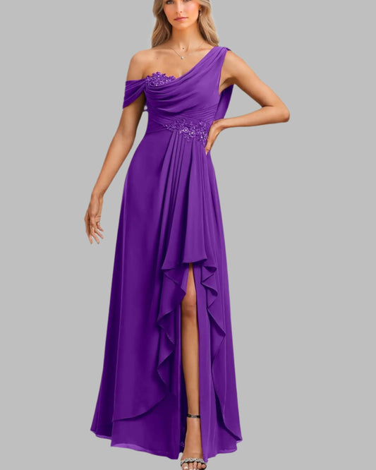 Purple one-shoulder evening gown with embroidery on a white background