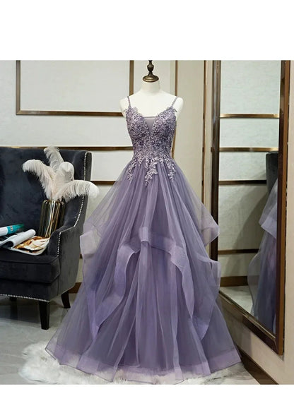Purple Beaded Sequin Tulle Evening Formal Dress