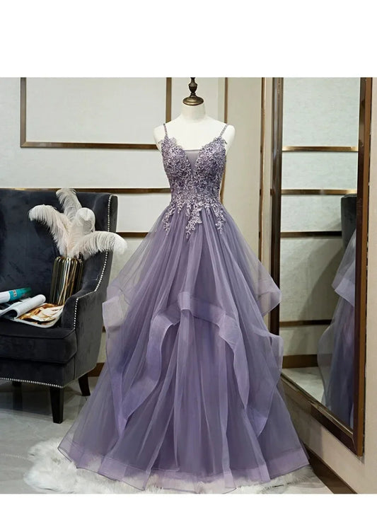 Purple Beaded Sequin Tulle Evening Formal Dress