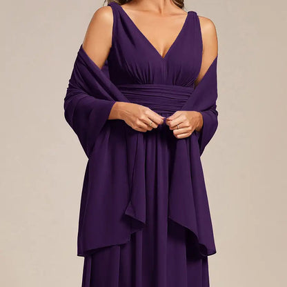 Chiffon shoulder wrap evening shawl in dark purple with draped long sleeves