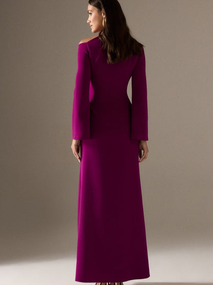 Straight silhouette ankle length dress with long bell shaped sleeves. Made from crepe fabric and available in custom colours and sizes evening dress