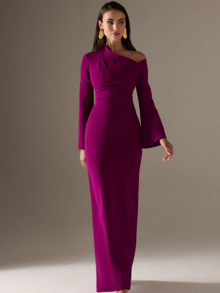 purple crepe long sleeve straight evening dress with custom colours in sizes 2-26w