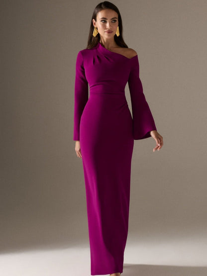 purple crepe long sleeve straight evening dress with custom colours in sizes 2-26w