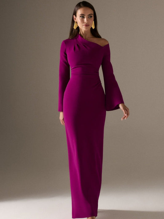 purple crepe long sleeve straight evening dress with custom colours in sizes 2-26w