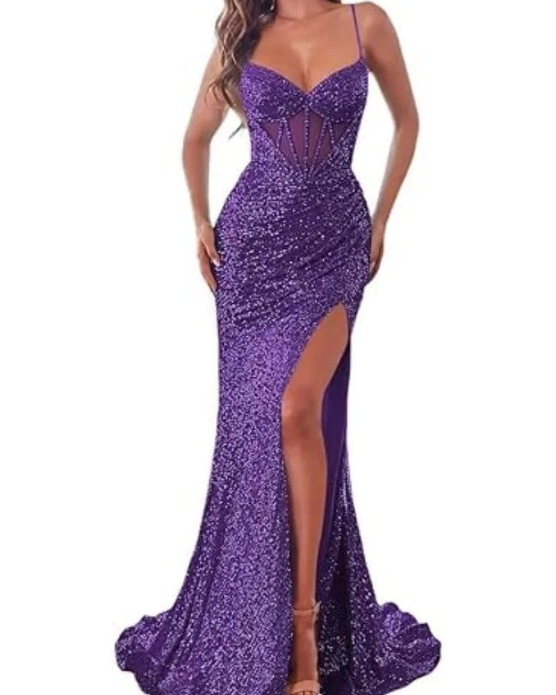 Purple sequin mermaid dress with spaghetti straps, sweetheart neckline, and front side slit.