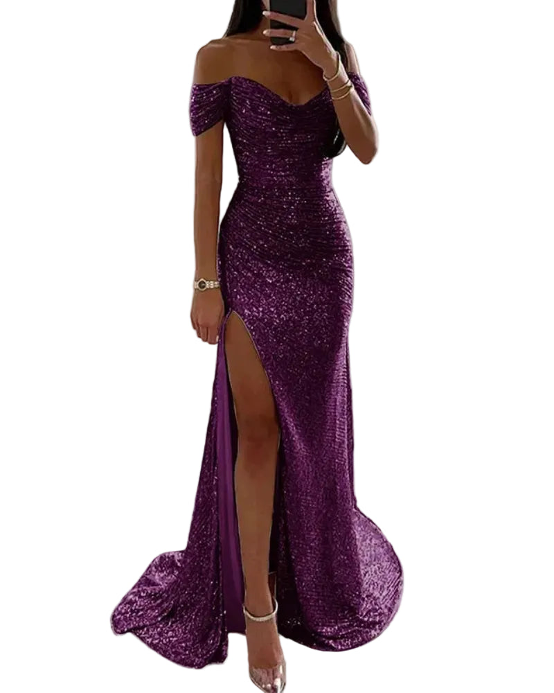 Off-shoulder sequin mermaid formal dress, sweetheart neckline, front slit; plum purple.