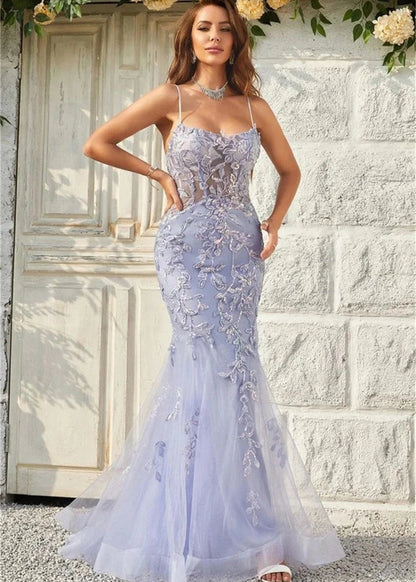 Light purple spaghetti straps beaded sequin tulle floor length mermaid design formal dress-formal elegance 