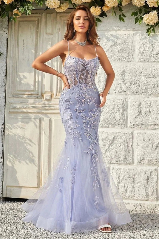 Purple Tulle Lace Sequin Mermaid Formal Dress