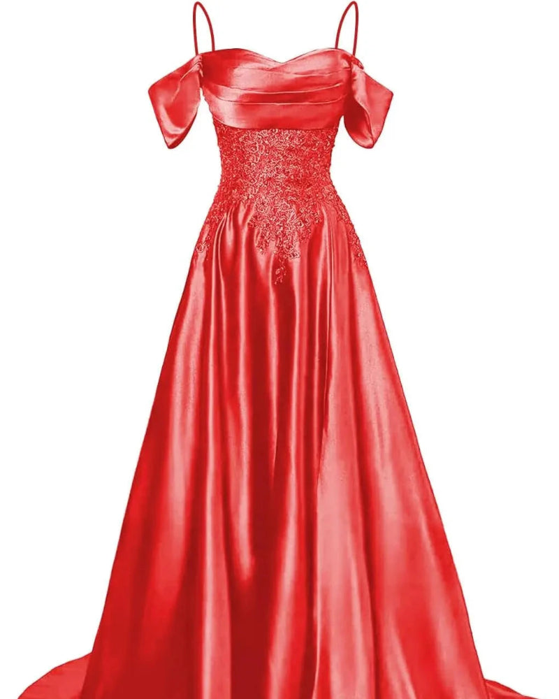 Red satin A-line floor-length dress with beaded bodice and off-shoulder draped sleeves