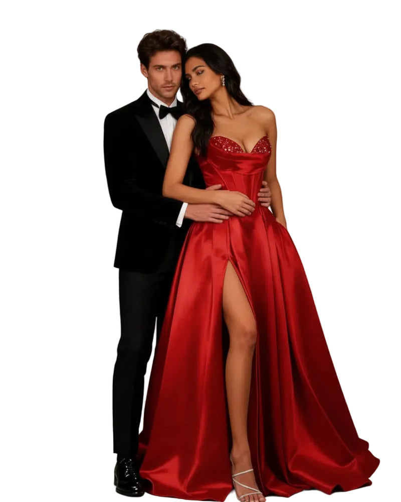 Red strapless A-line satin dress with sequin bust and thigh-high slit