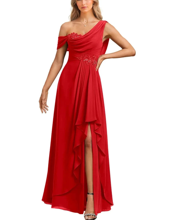 Red chiffon one-shoulder A-line dress with beaded waist detail and layered side ruffle slit