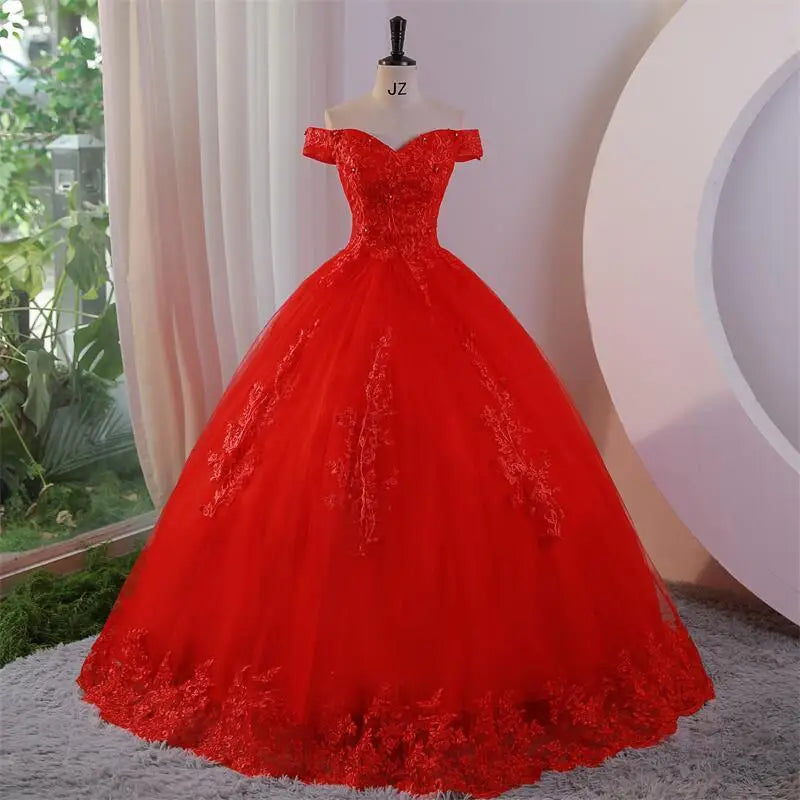 Off-shoulder lace ball gown with fitted waist and full A-line skirt, bright red.