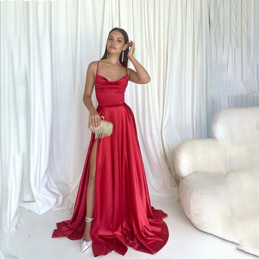 red lace up back spaghetti strap satin formal party gown-formal elegance