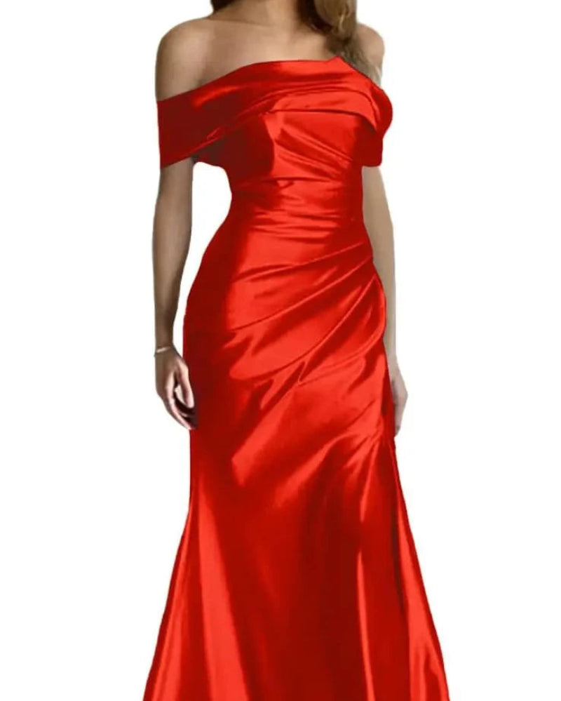 Red off-shoulder satin mermaid formal dress with draped bodice and long fitted skirt