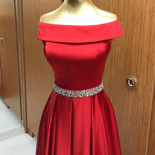 off the shoulders red satin evening dress-formal elegance