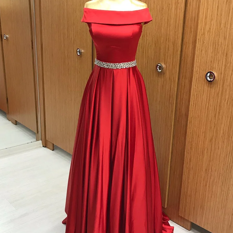 Red Satin Off The Shoulder Sequins Formal Evening Dress-Formal Elegance