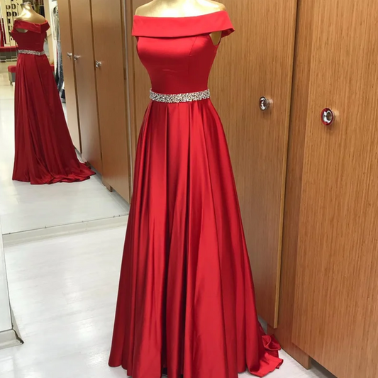 Red Satin Off The Shoulder Sequins Formal Evening Dress-Formal Elegance