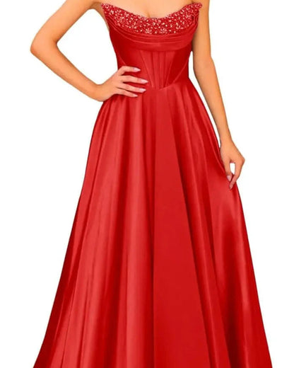 Red strapless satin A-line evening gown with beaded sweetheart neckline