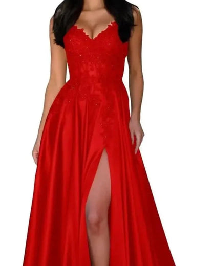 Satin A-line evening dress with lace V-neck and spaghetti straps, front slit, red