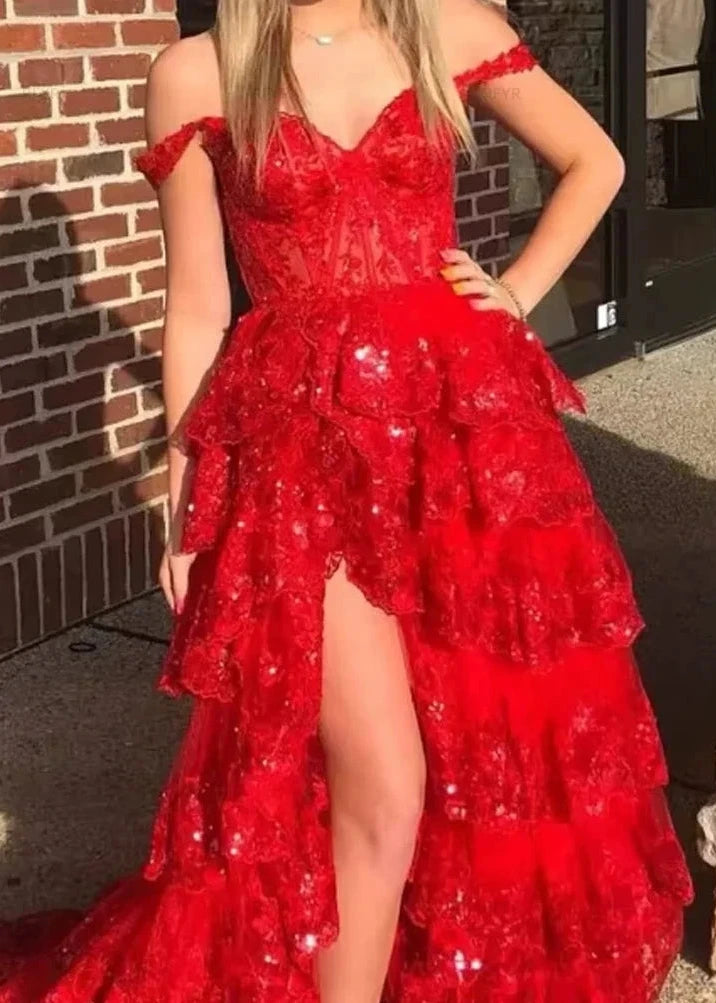 Red lace sweetheart formal gown with sparkly layered skirt
