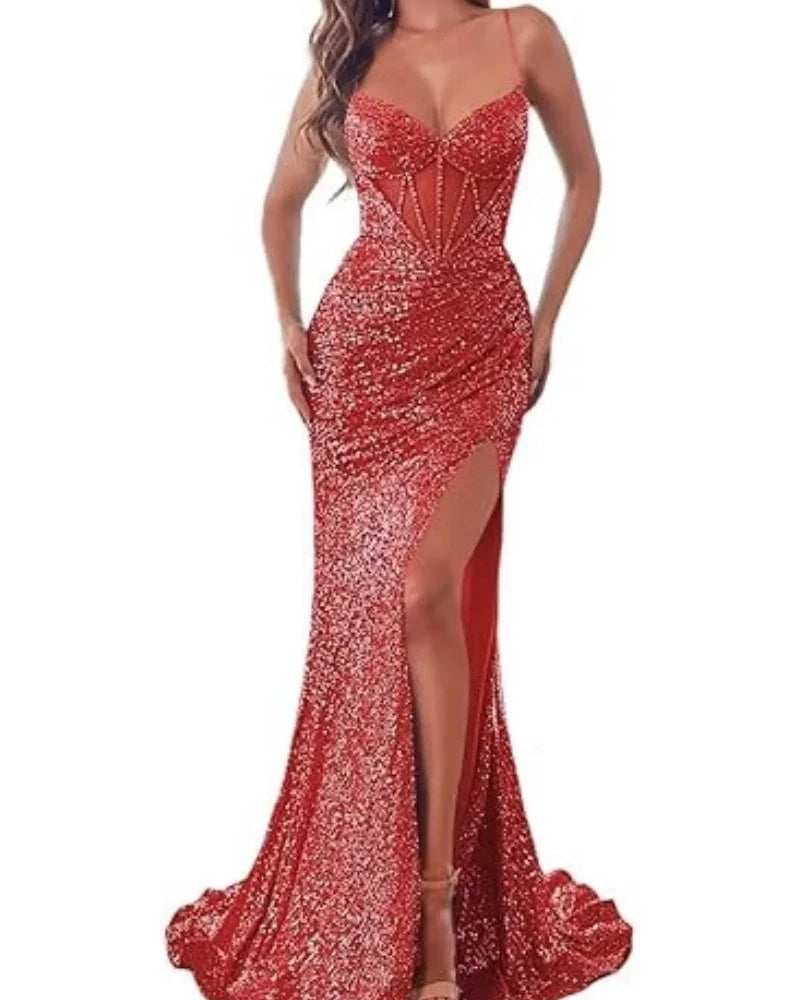 Red sequin mermaid dress with spaghetti straps, sweetheart neckline, and side thigh slit.