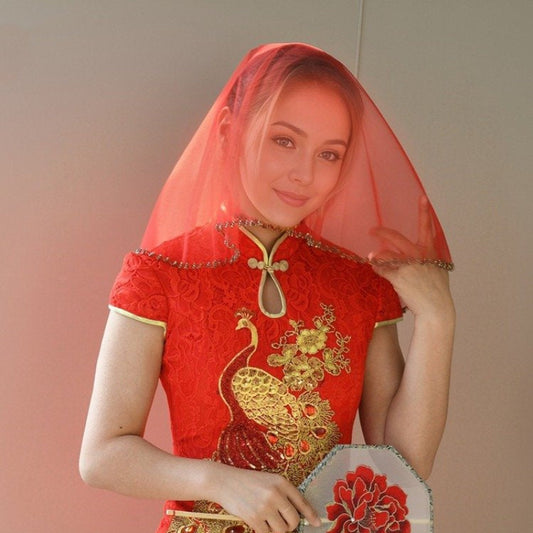 red soft tulle crystal beaded edge short wedding face covering-formal elegance