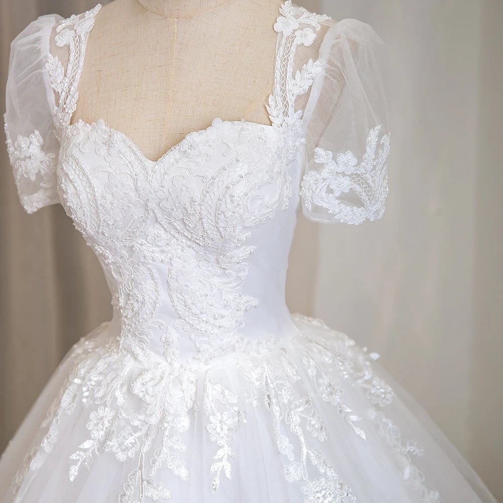 Romantic Beaded Lace Short Sleeve Bridal Gown