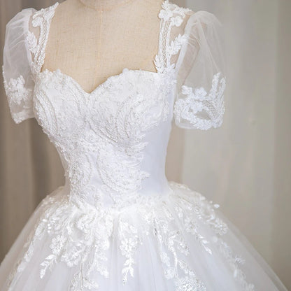 Romantic Beaded Lace Short Sleeve Bridal Gown