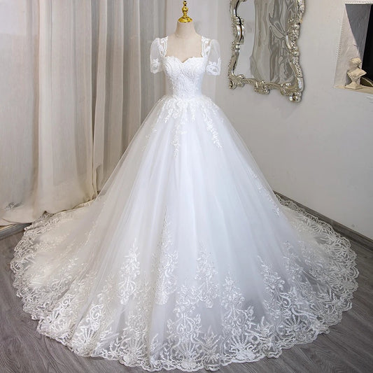 Romantic Beaded Lace Short Sleeve Bridal Gown