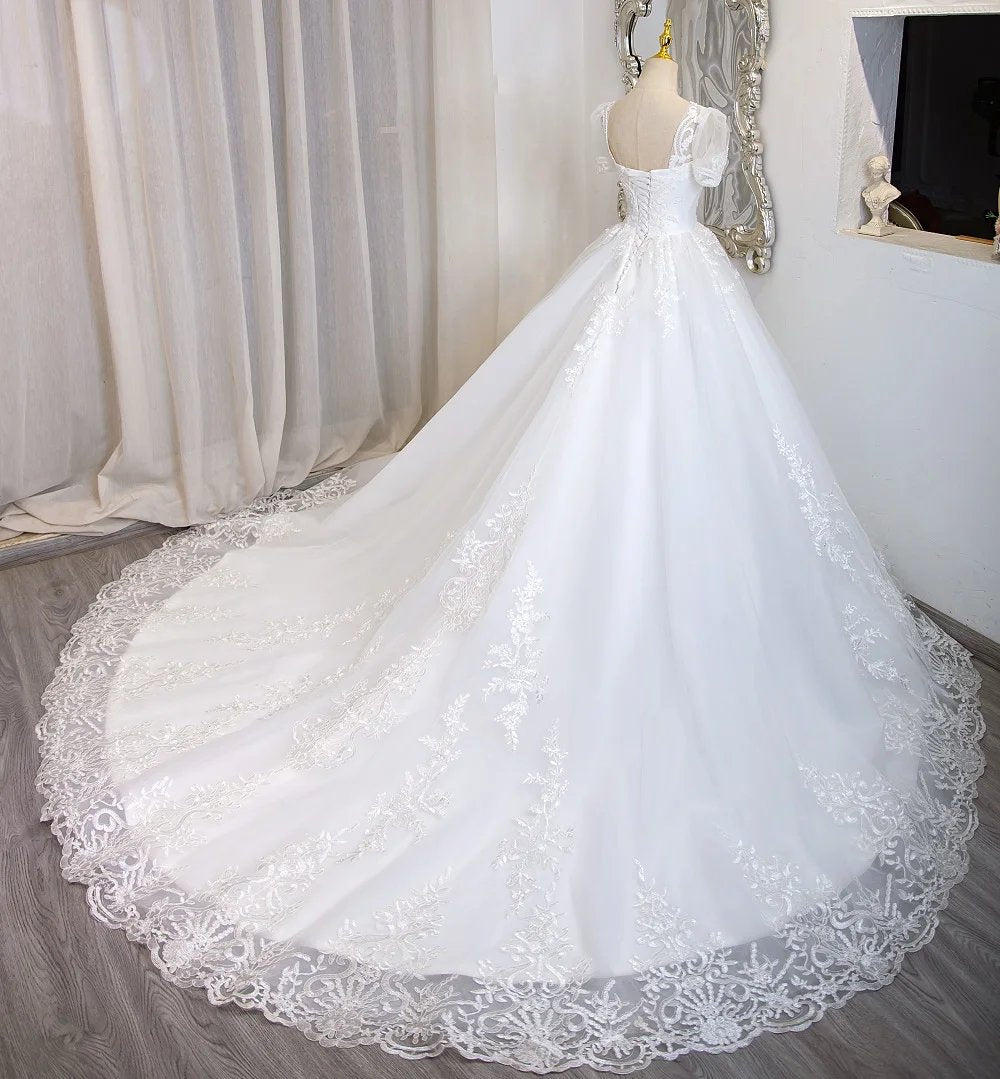 Romantic Beaded Lace Short Sleeve Bridal Gown