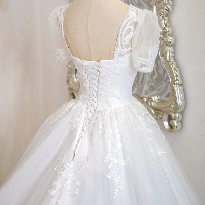 Romantic Beaded Lace Short Sleeve Bridal Gown