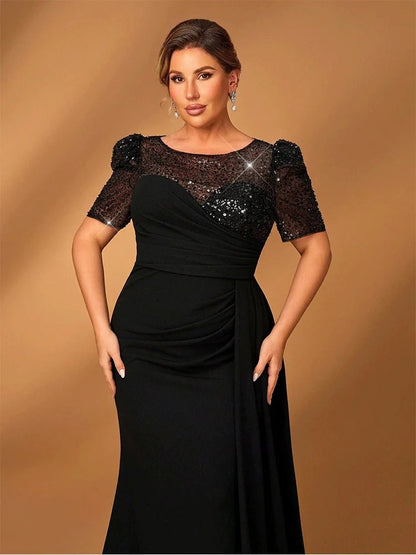 Round Neck Short Sleeve Black Evening Party Dress