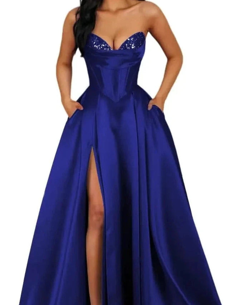 Royal blue strapless A-line satin dress with sequin bust and thigh-high slit