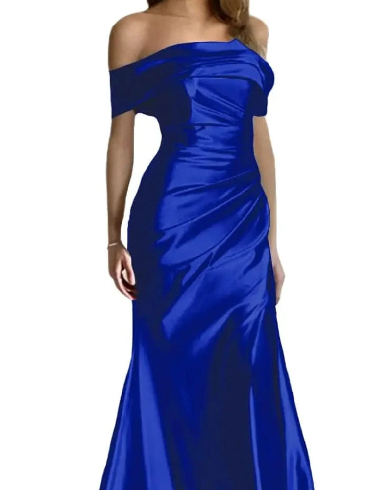 Royal blue satin mermaid off-shoulder formal dress with ruched bodice and fitted hem