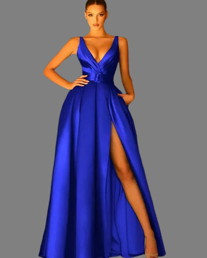 Blue satin v-neck evening gown with belted waist and side leg slit