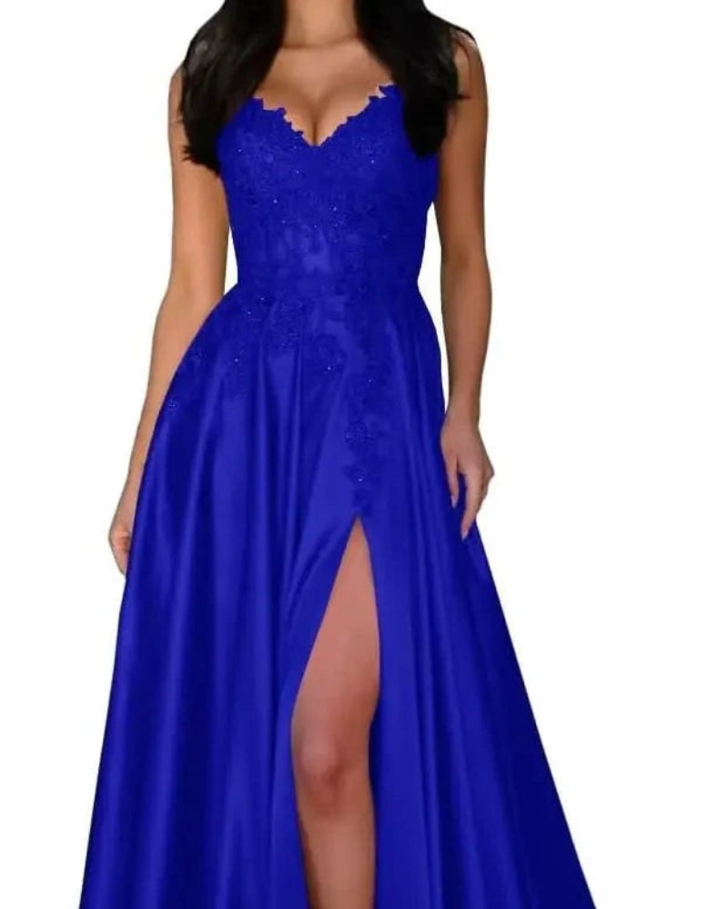 Satin A-line evening dress with lace V-neck and spaghetti straps, front slit, blue