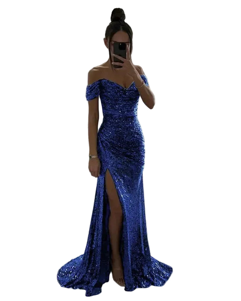 Off-shoulder sequin mermaid formal dress, sweetheart neckline, front slit; royal blue.