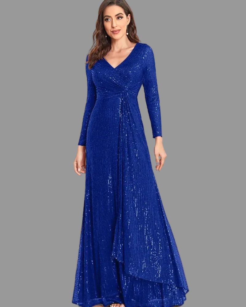 Blue sequin sheath maxi dress with long sleeves and V-neck, draped side detail.
