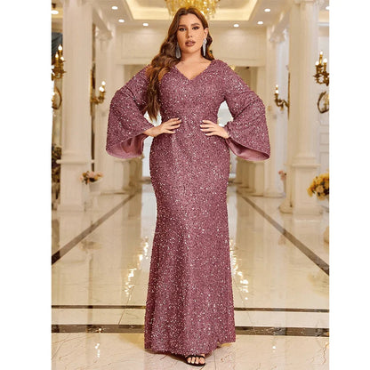 plus size pink v-neck long sleeve sequin gown-formal elegance