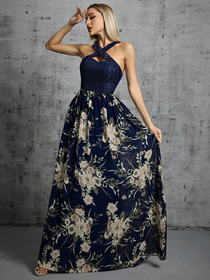 Navy Floral Cross Strap A-Line Evening Party Dress