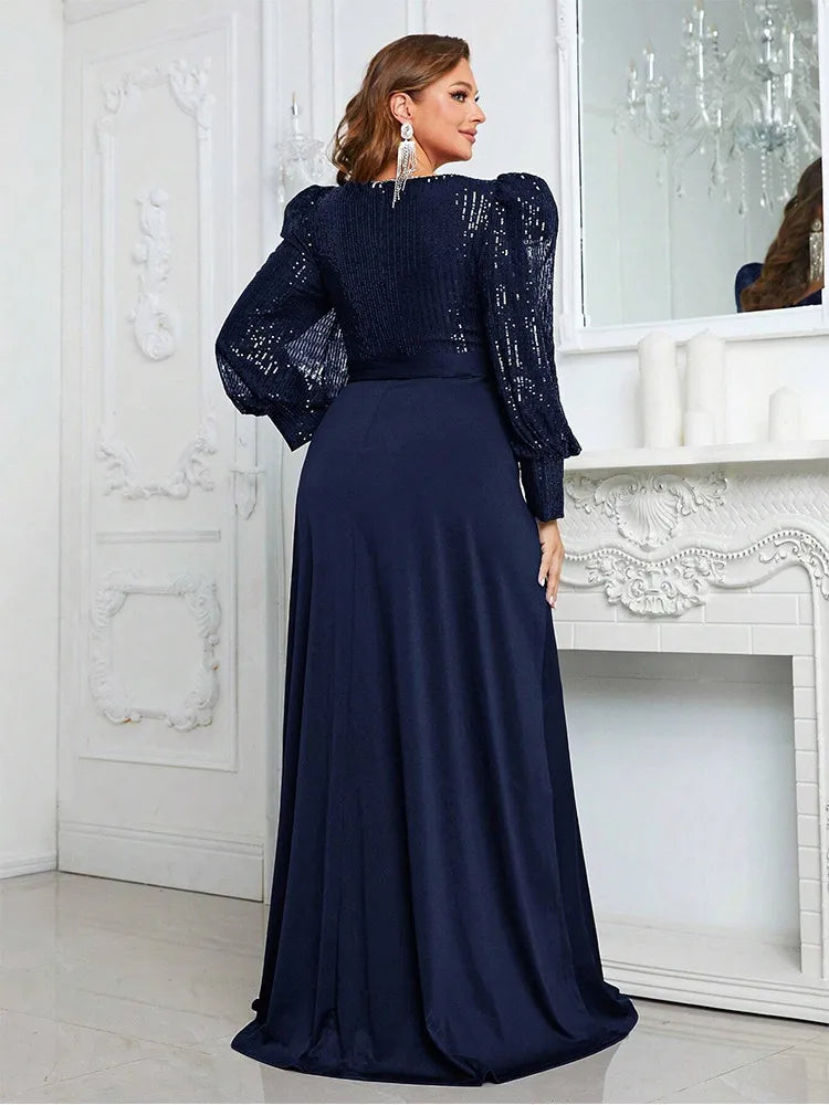 Navy Plus Size V-Neck Long-Sleeved Evening Dresses