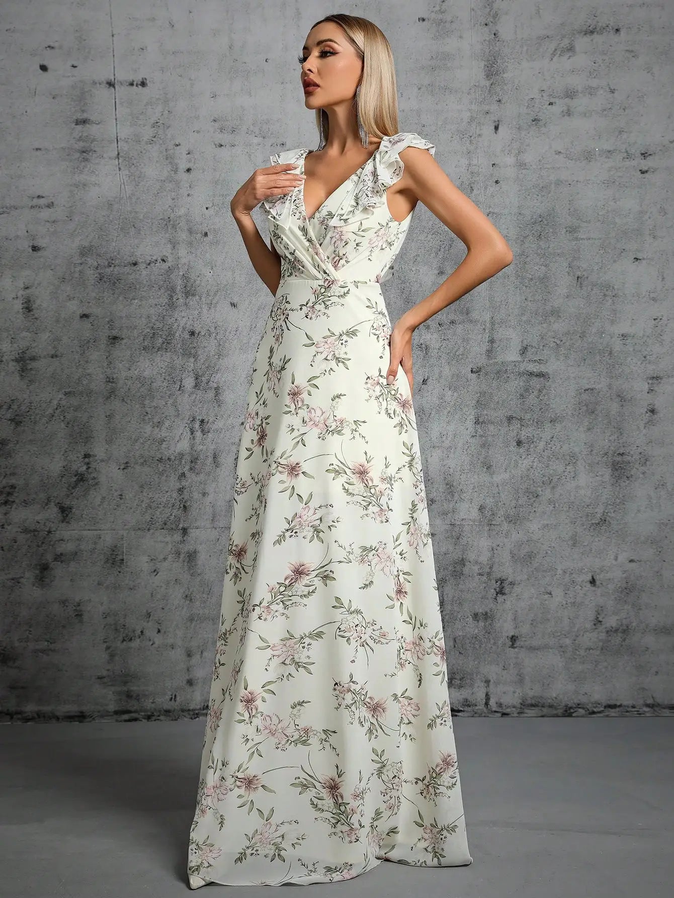 Floral Printed Chiffon Pleating Ruffles Maxi Party Dress