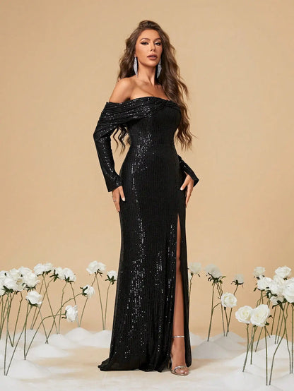 Sequin Long Sleeve Party Dress-Formal Elegance