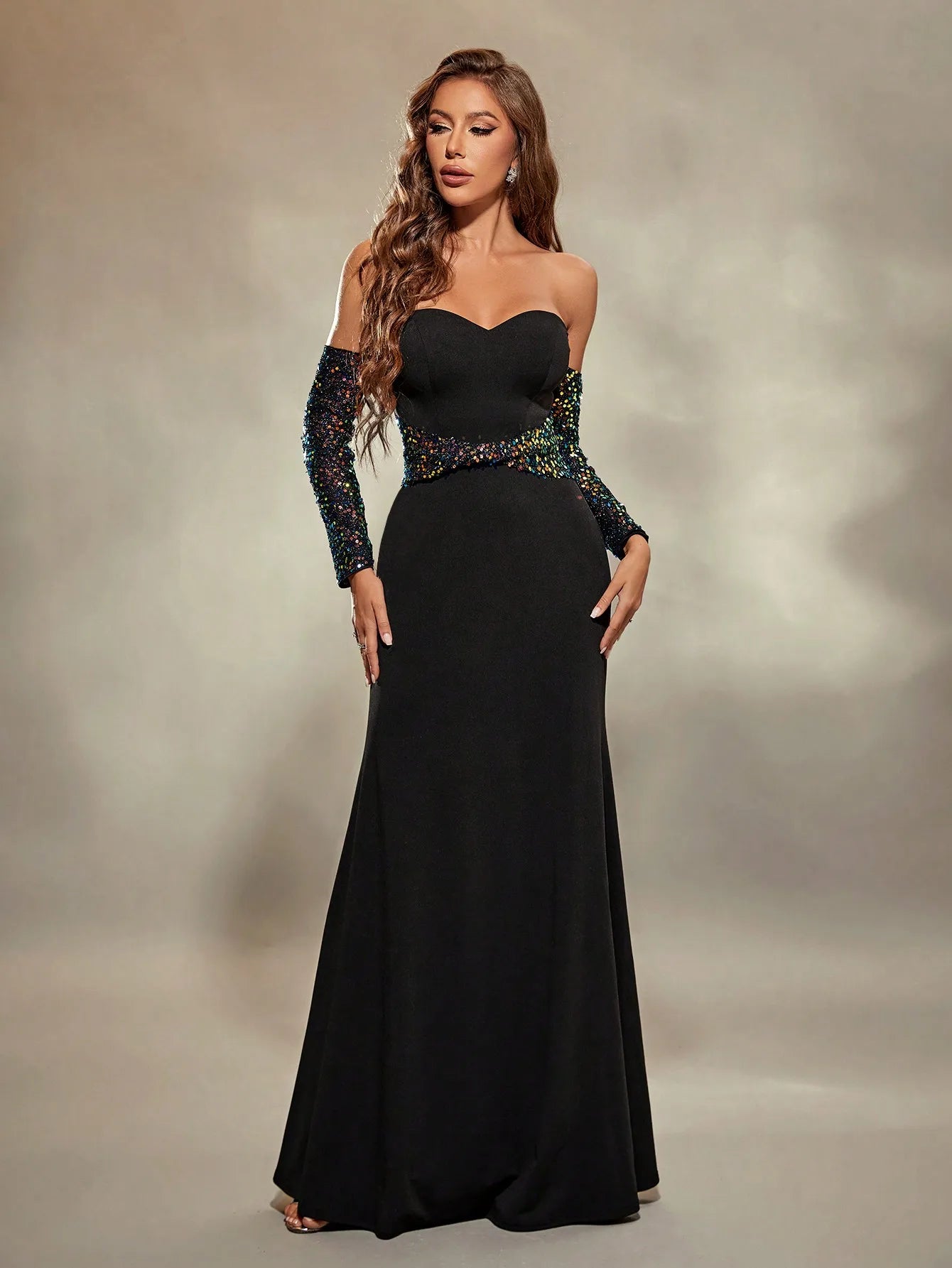 Black Sweetheart Neckline Glitter Maxi Party Dress-Formal Elegance