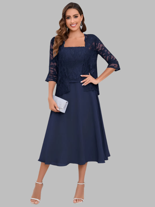Navy Blue Chiffon A-Line Dress With Jacket
